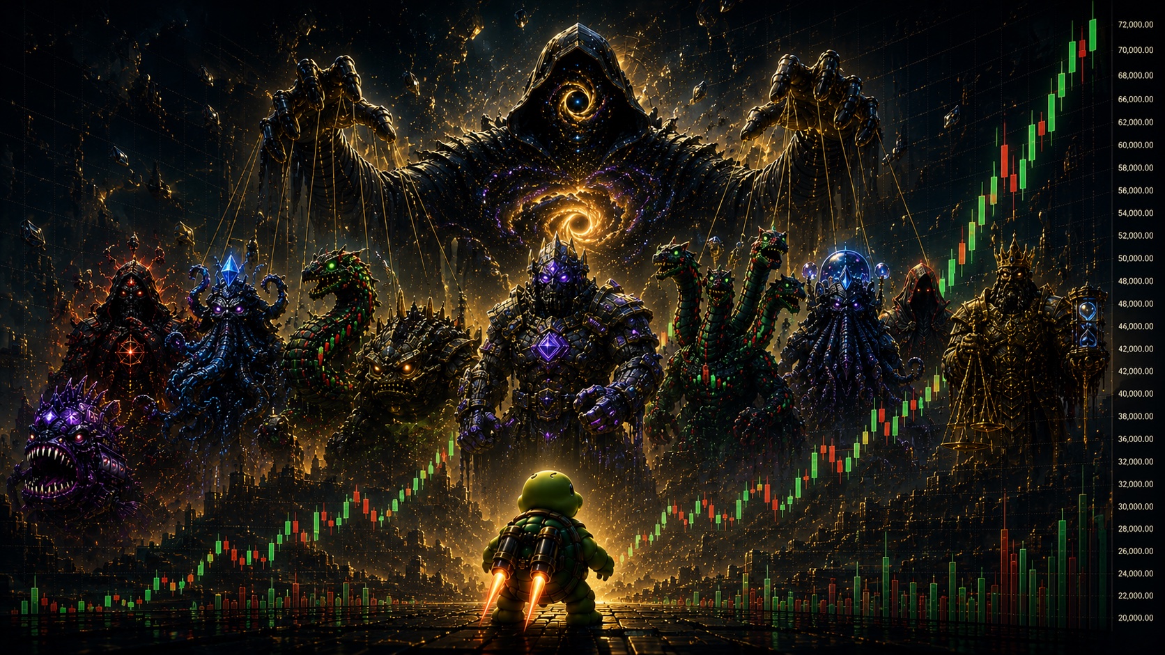 Finn the turtle stands before the Guardians of the Blockchain Ocean on a rising candlestick chart